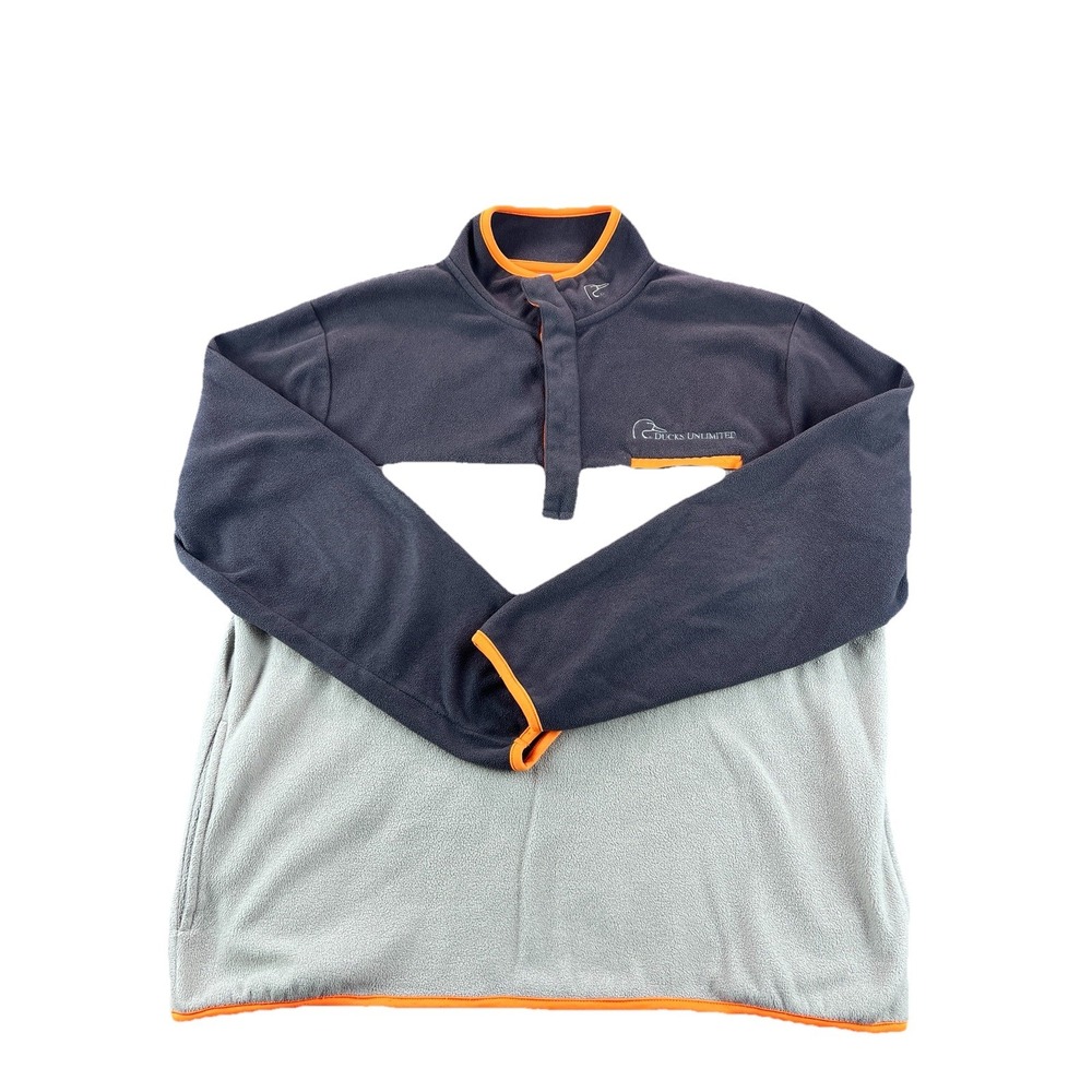 Ducks Unlimited Fleece Pullover Gray Orange Quarter Snap Jacket Men’s Large